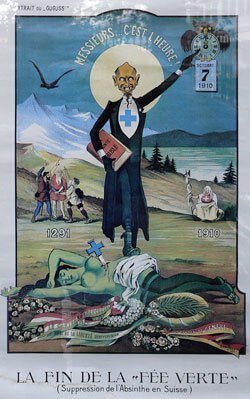 A poster criticizes the ban on absinthe in Switzerland (by Albert Gantner, 1910)