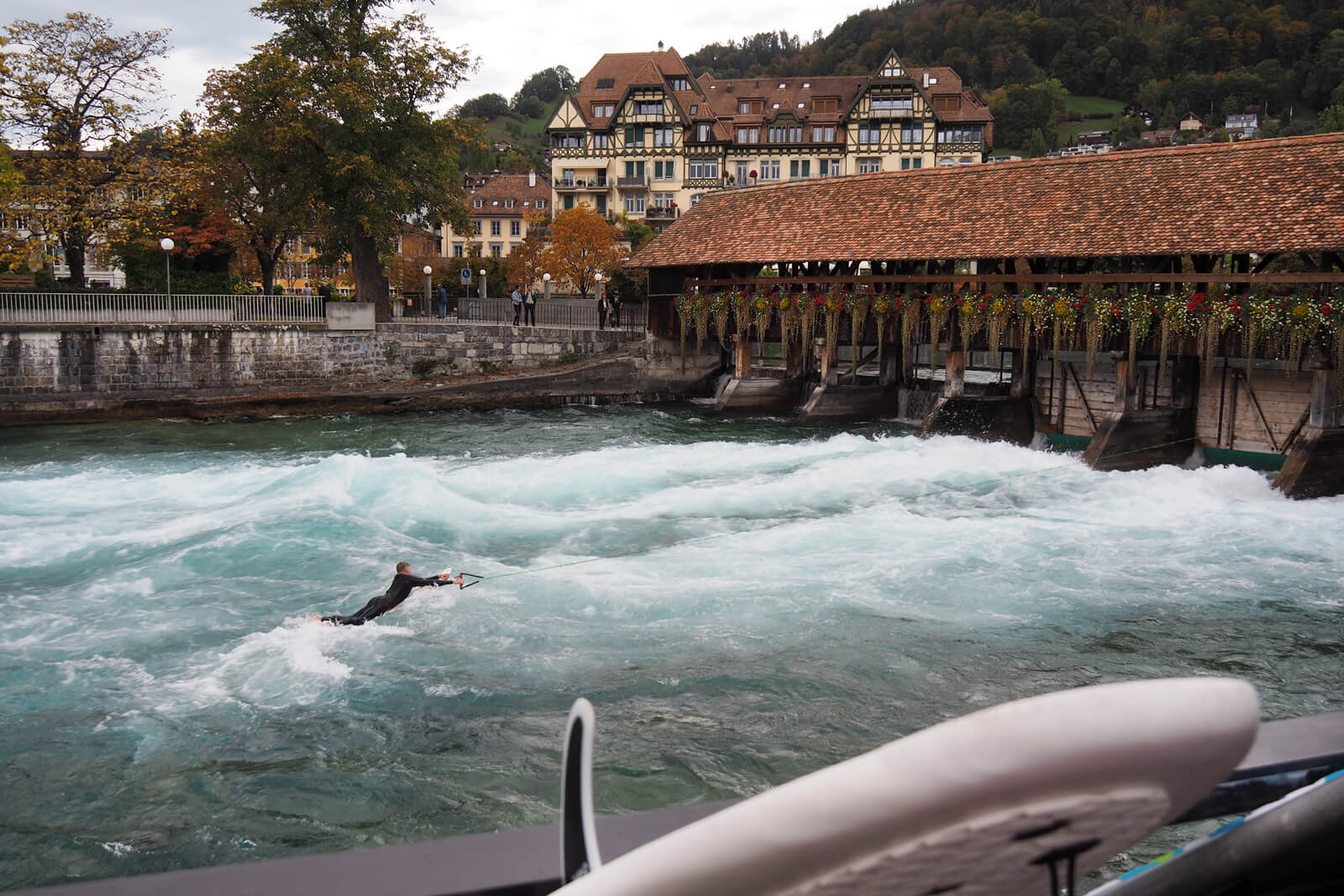 Surfers on the River Aare in Thun, Switzerland