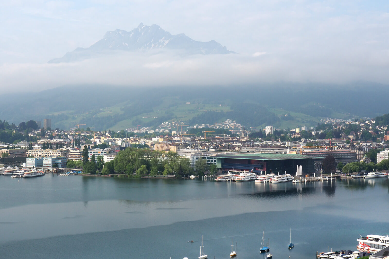 View of Lake Lucerne and Mt. Pilatus with KKL Convention Center in Lucerne, Switzerland