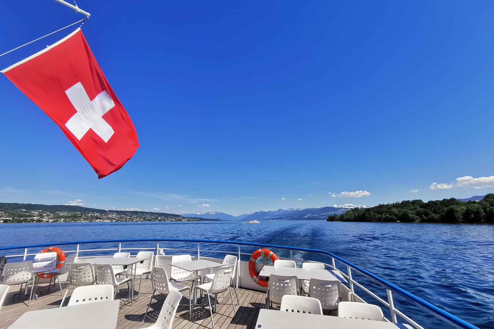 Lake Zurich Boat with Swiss Flag