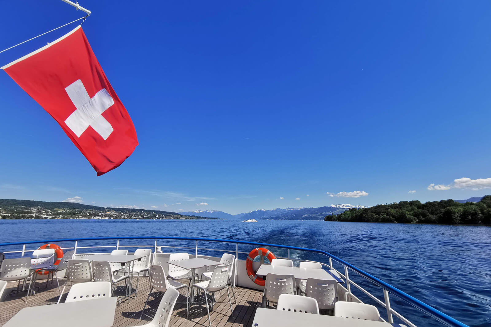 Lake Zurich Boat with Swiss Flag