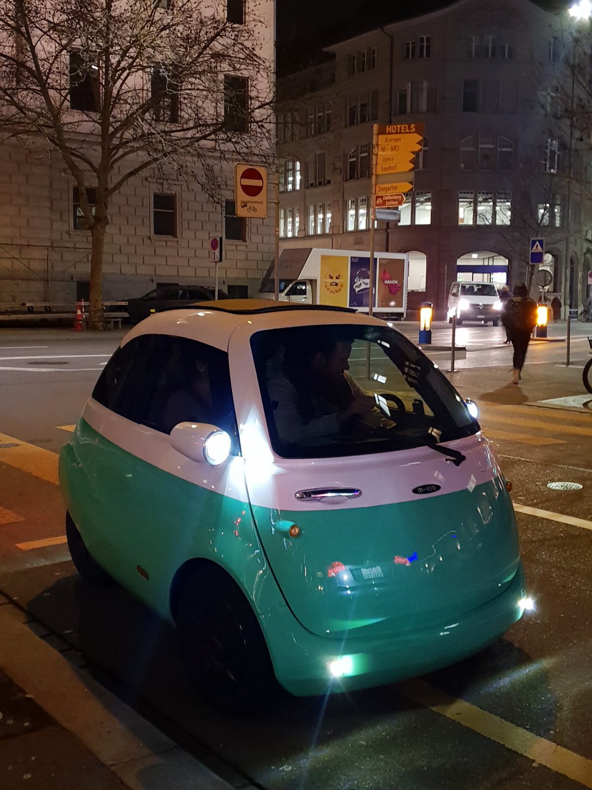 The Microlino car in the streets of Zürich