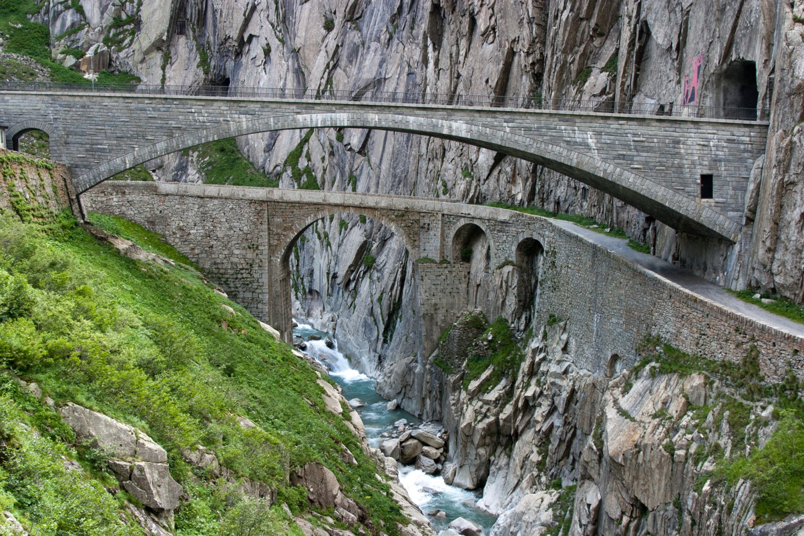 Old and new Devil's Bridge in Göschenen, Switzerland