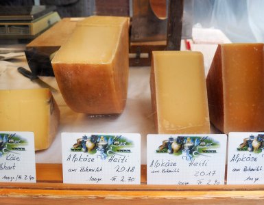 Cheese in Switzerland - Display of Alpine Cheese (Alpkäse)