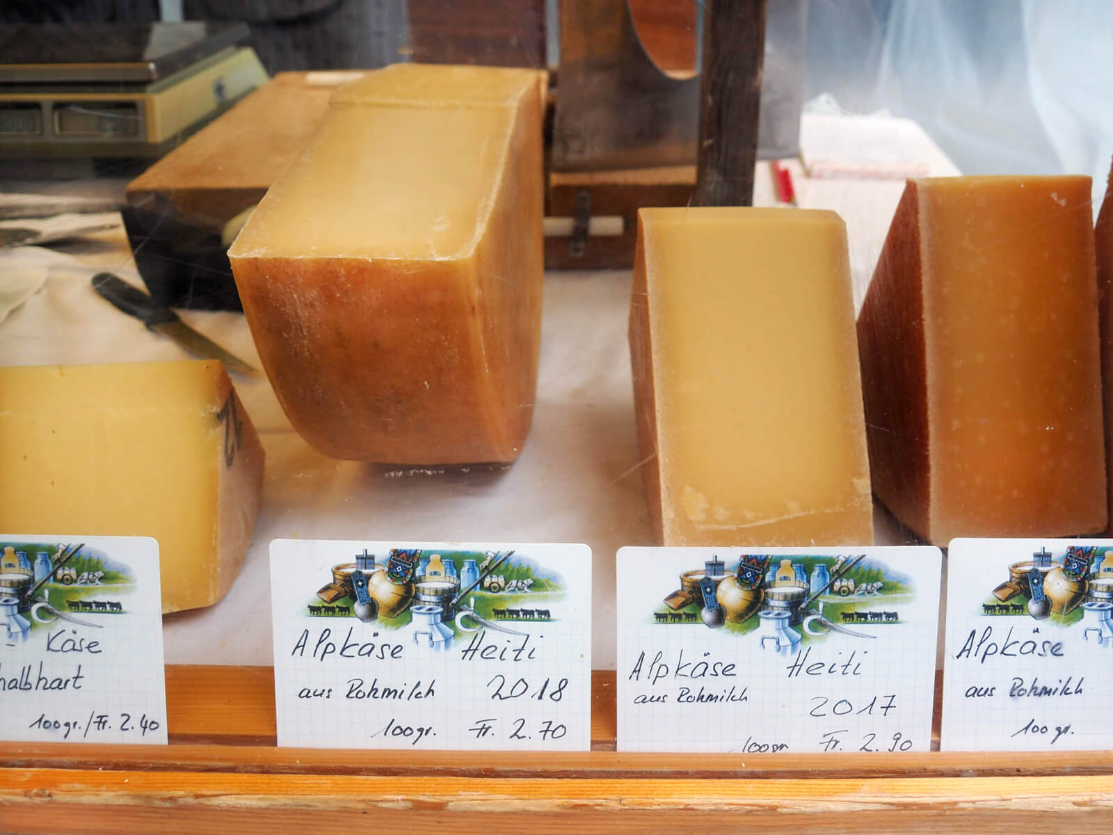 Cheese in Switzerland - Display of Alpine Cheese (Alpkäse)