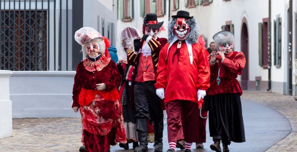 Carnival characters walking the old town of Basel during carnival