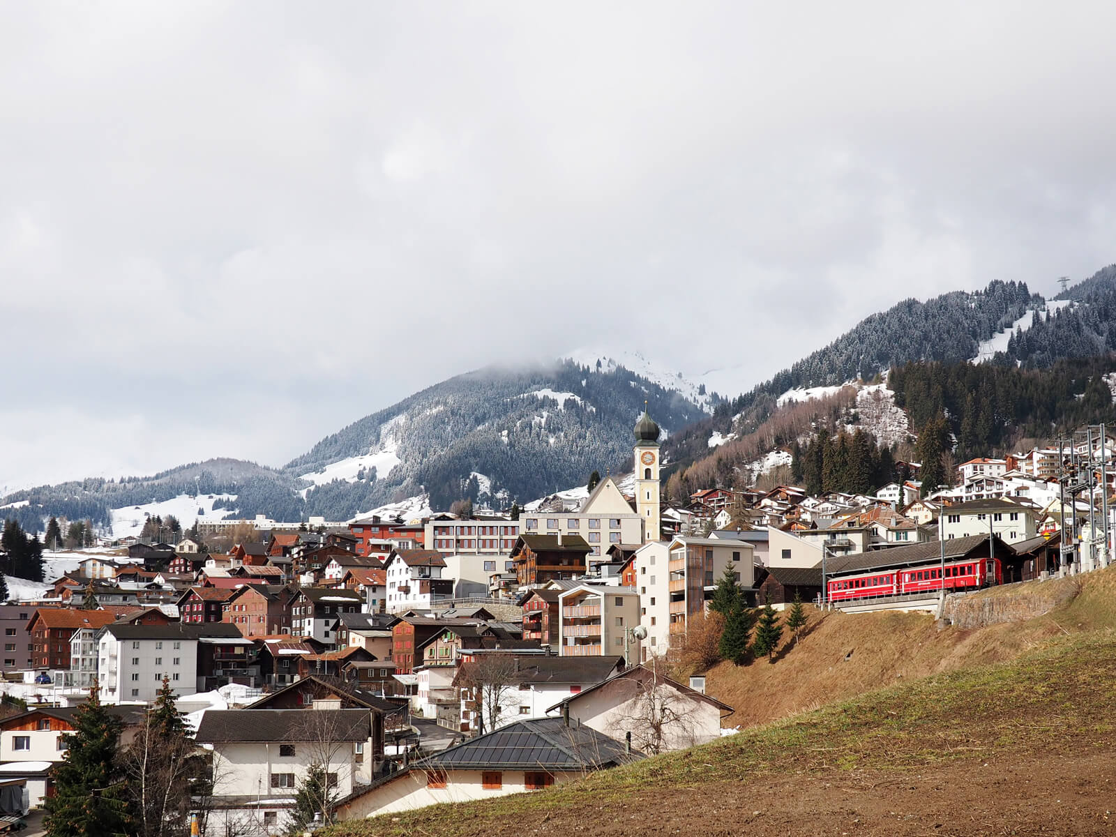 View of Disentis Town in March 2021