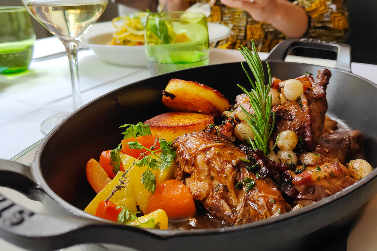 Coquelet au vin rouge "Grand-Mère" at Brasserie du Grand-Chêne in Lausanne