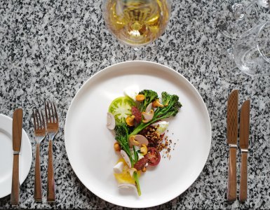 Alpine Excellence Menu at The Omnia Zermatt - Tomato medley, Swiss buffalo mozzarella, wild broccoli, and chanterelles