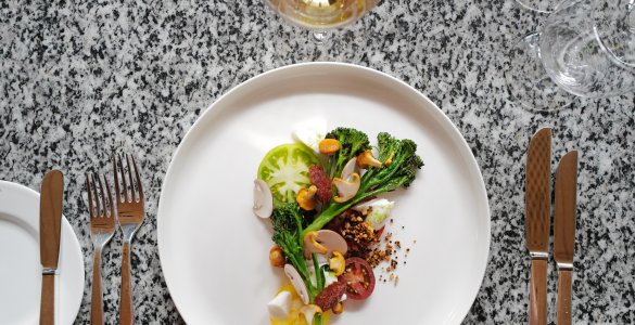 Alpine Excellence Menu at The Omnia Zermatt - Tomato medley, Swiss buffalo mozzarella, wild broccoli, and chanterelles