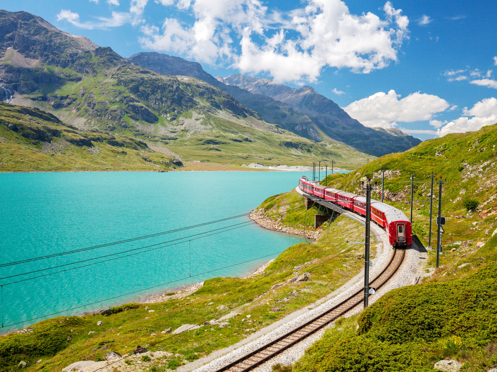 Switzerland Train Map - Lago Bianco with a Red Bernina Express Train