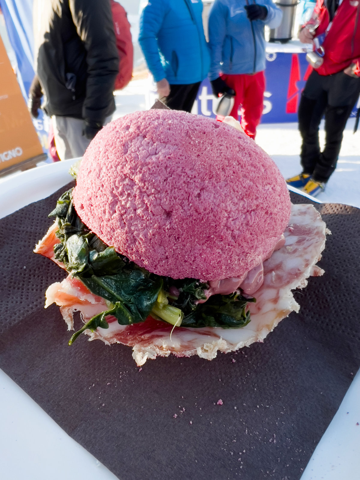 A pink breakfast burger at Sunrise Mattias in Livigno. Italy