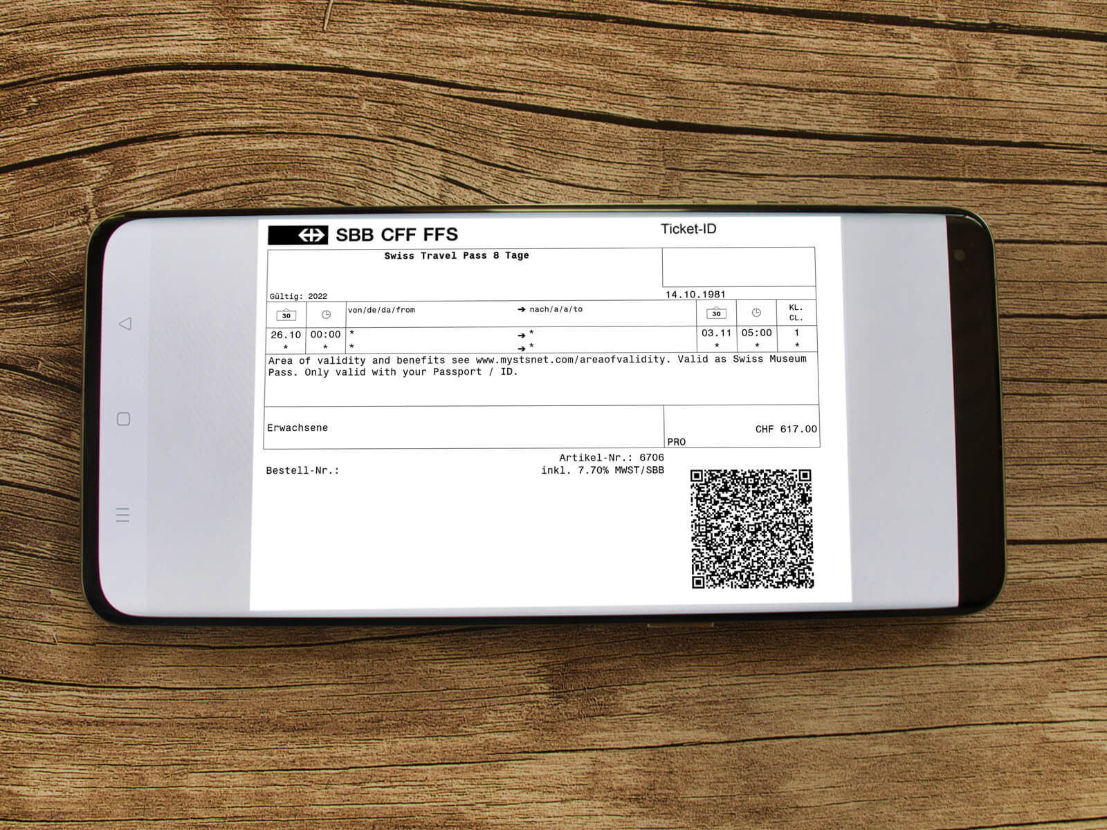 Swiss Travel Pass Electronic Ticket on a Smartphone