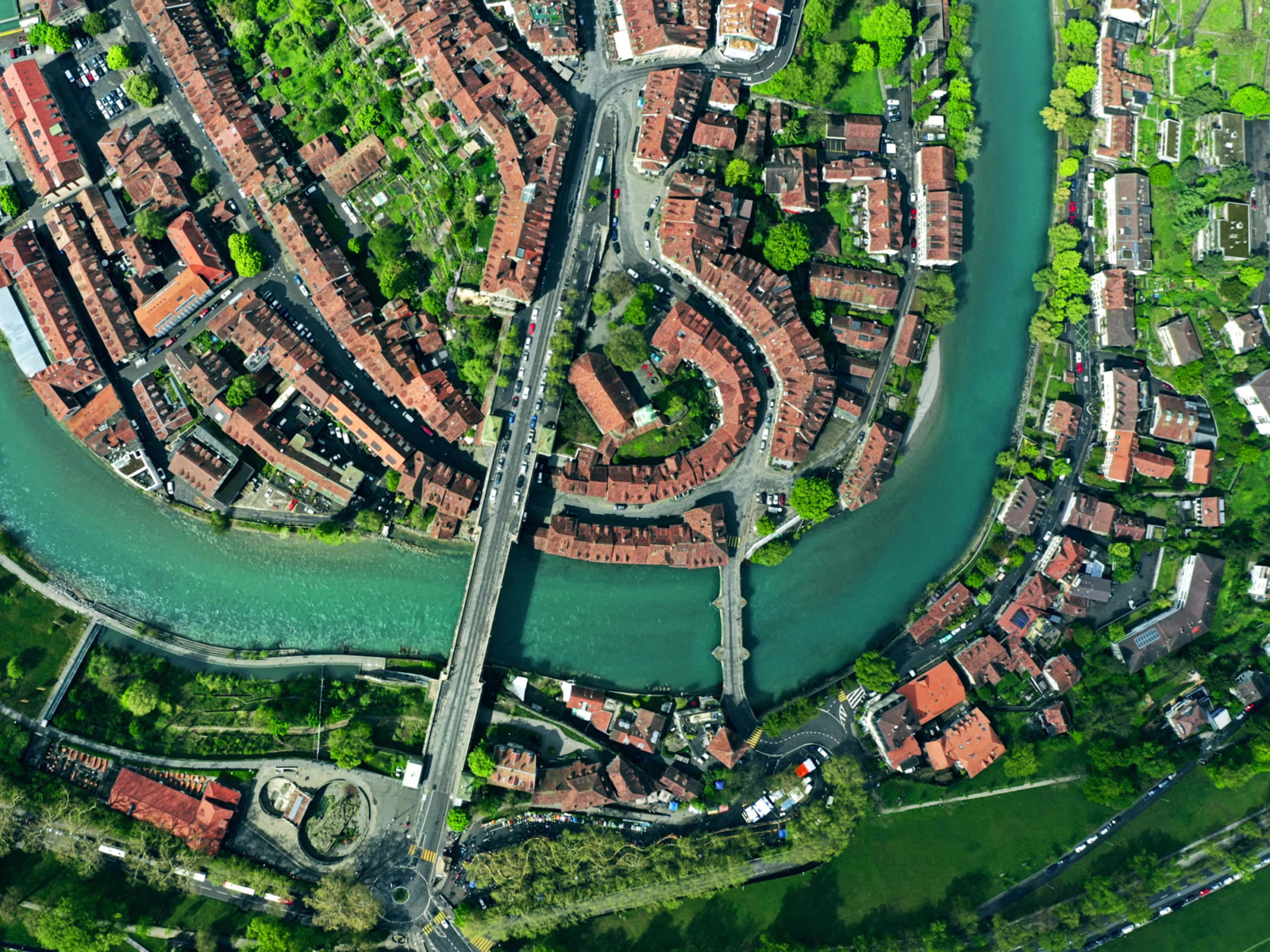 The longest river entirely in Switzerland is the Aare River, pictured in Bern - Drone Perspective, Switzerland