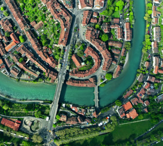 The longest river entirely in Switzerland is the Aare River, pictured in Bern - Drone Perspective, Switzerland