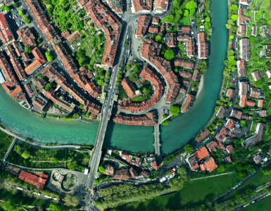 The longest river entirely in Switzerland is the Aare River, pictured in Bern - Drone Perspective, Switzerland