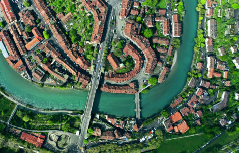 The longest river entirely in Switzerland is the Aare River, pictured in Bern - Drone Perspective, Switzerland