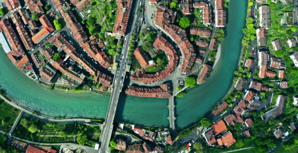 The longest river entirely in Switzerland is the Aare River, pictured in Bern - Drone Perspective, Switzerland