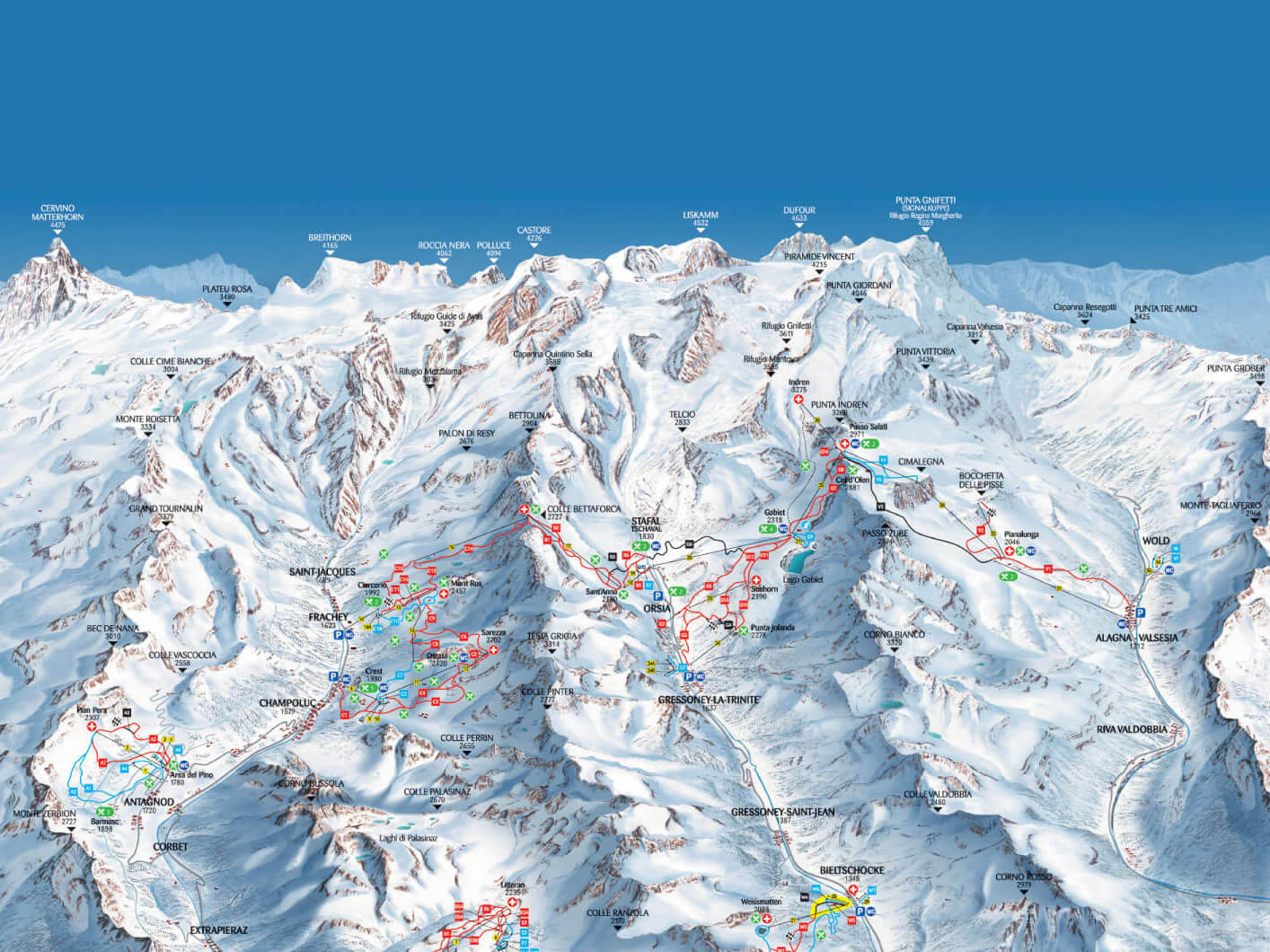 Monte Rosa Region Ski Piste Map