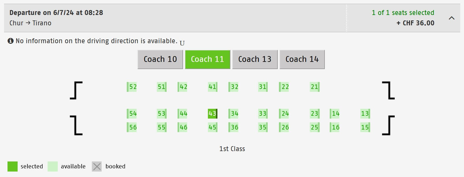 Bernina Express First-Class Seat Chart