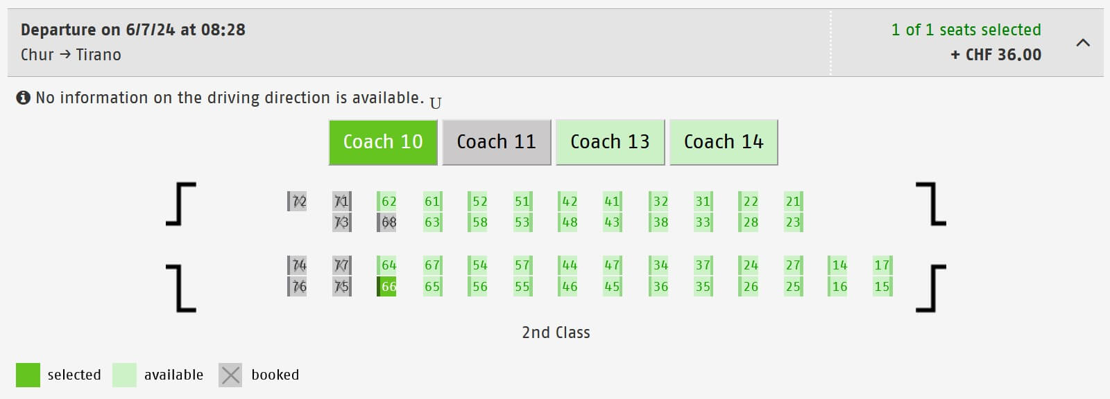 Bernina Express Second-Class Seat Chart
