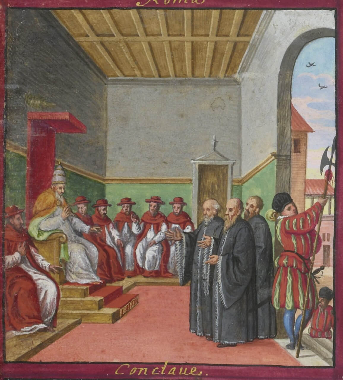 Conclave of Pius V with Swiss Guard guarding the entrance (1578)