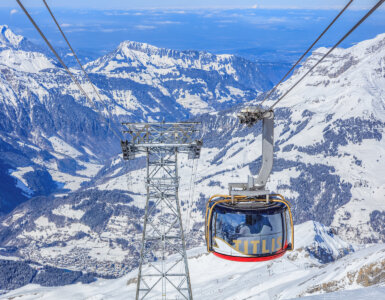 Mount Titlis Cable Car Guide - Rotair Cable Car Cabin in snowcovered Swiss Alps