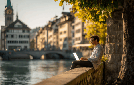 MAn Sitting by the River in Switzerland