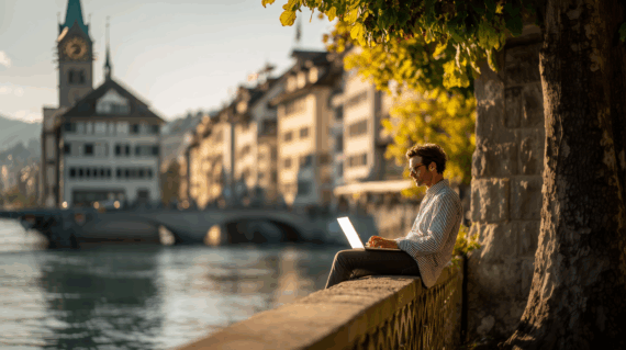 MAn Sitting by the River in Switzerland