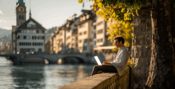 MAn Sitting by the River in Switzerland